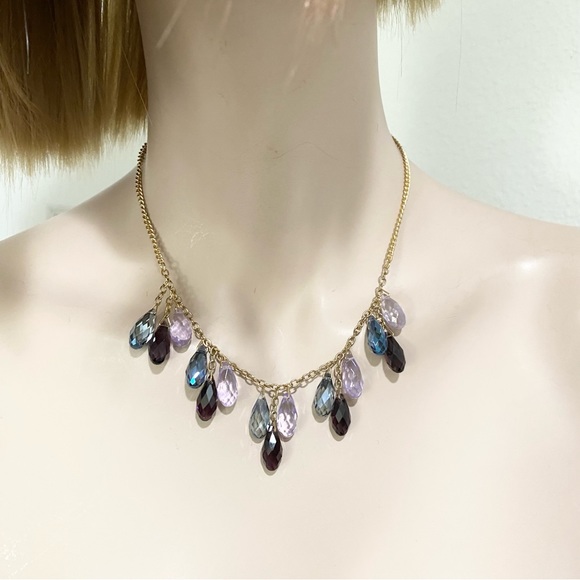 Purple Lavender Iridescent Teardrop Crystal Glass Beaded Chain Necklace - Picture 3 of 12